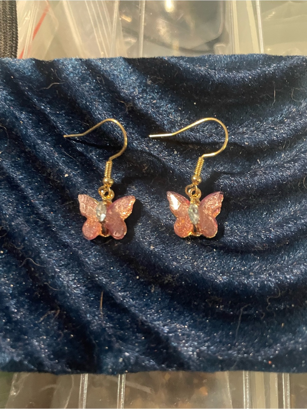 Pink Butterfly Drop Earrings with Gold Hooks